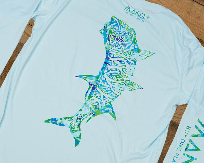Bonefish and Tarpon Trust Collection design on the back of a Men's arctic blue performance longsleeve shirt