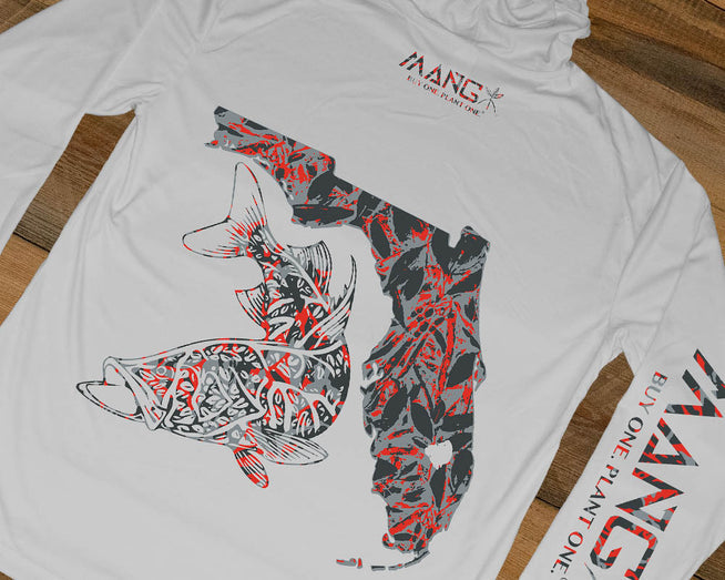 White longsleeve performance hoodie with red and black CCA Florida art design on the back