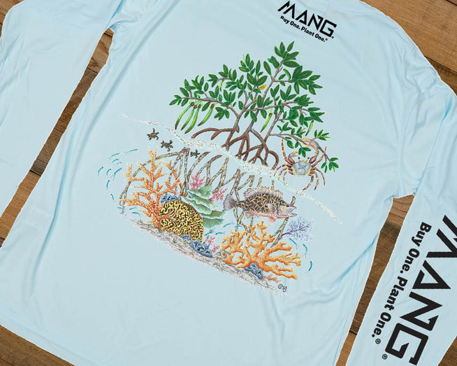 Backside of arctic blue colored Raise the Reef design performance longsleeve shirt