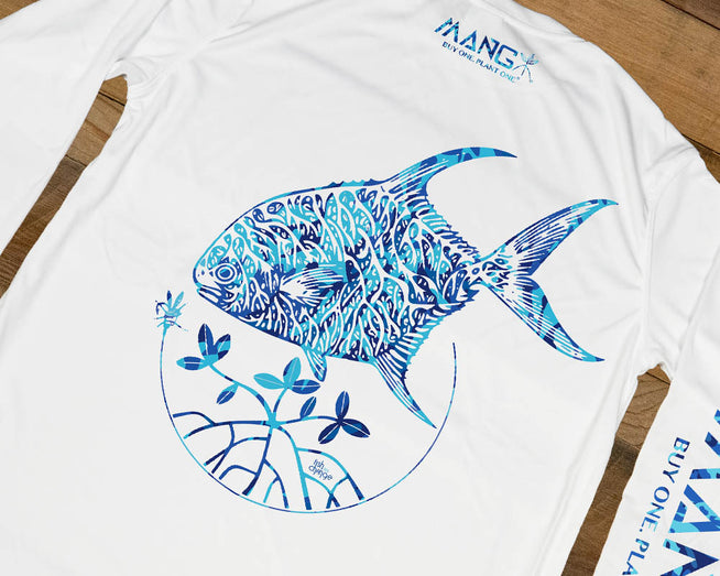 Permit MANG art design on the back of a white longsleeve performance shirt