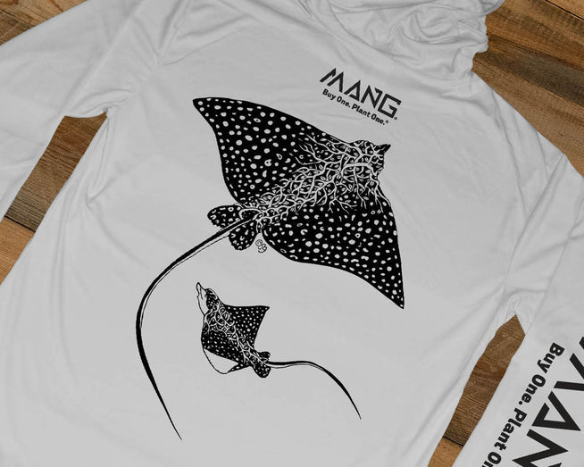 Backside of silver MANG Rays performance longsleeve hoodie