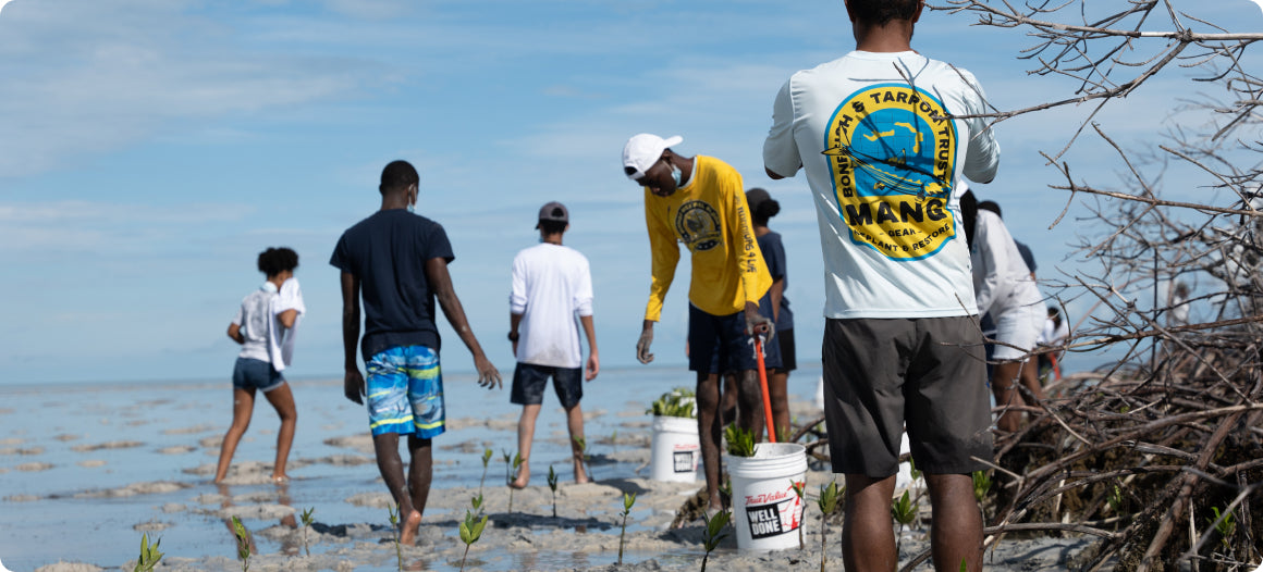 Bahama natives working together to dig small potholes to plant mangrove seedlings