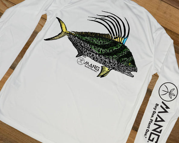 Roosterfish MANG design on the back of a white longsleeve performance shirt 