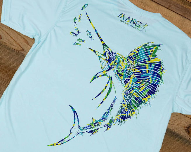 Men's performance shortsleeve shirt with yellow, blue and green sailfish design on the back for the Sailfish Blue Crush cause collection