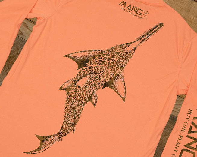 Backside of Orange colored Sawfish MANG performance longsleeve shirt