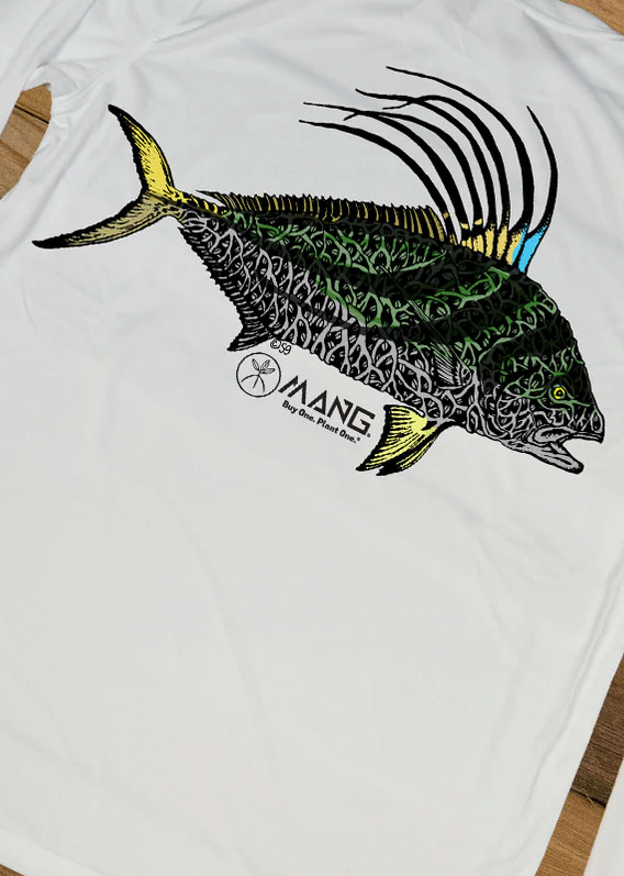 Roosterfish MANG design on the back of a longsleeve performance shirt