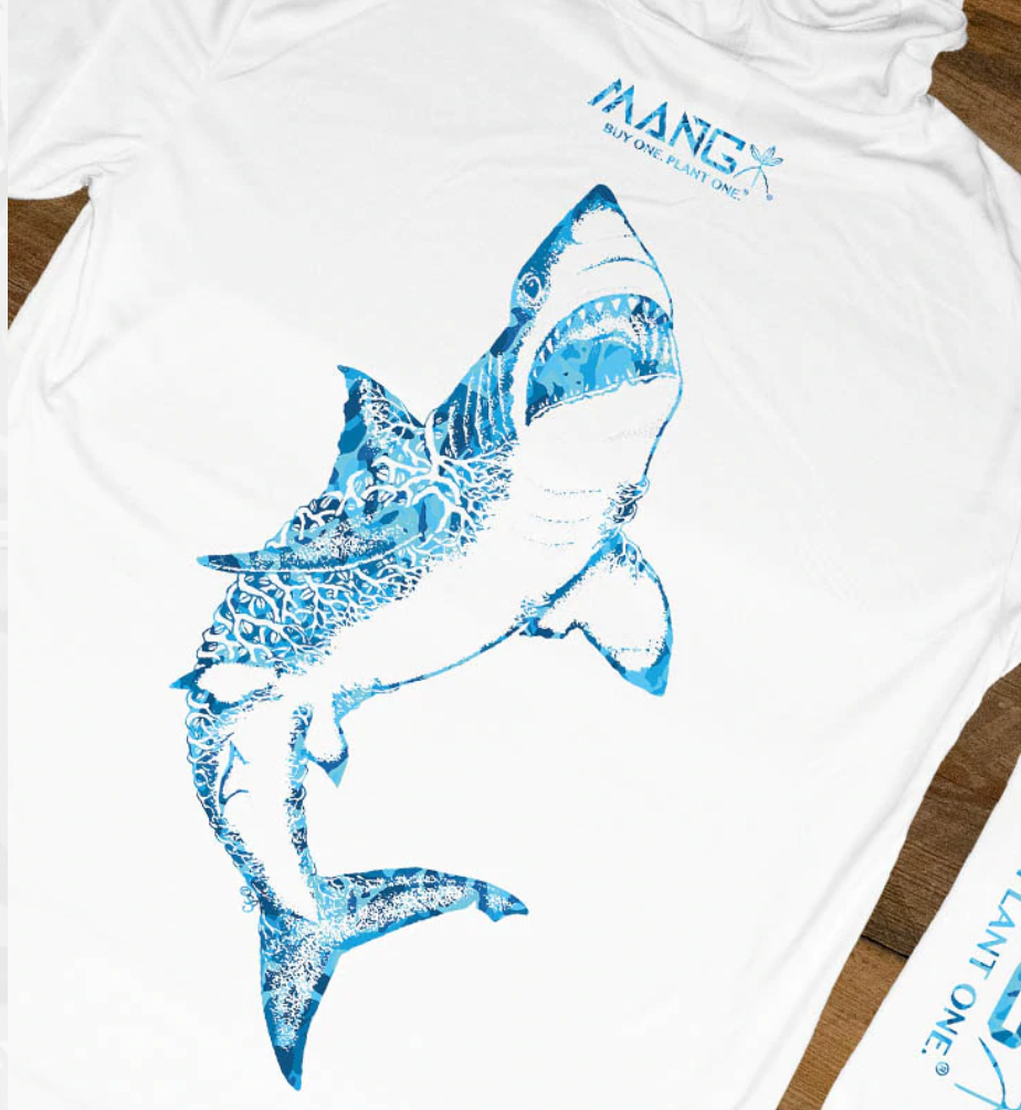 Blue Jaws MANG design on the back of a white performance longsleeve hoodie