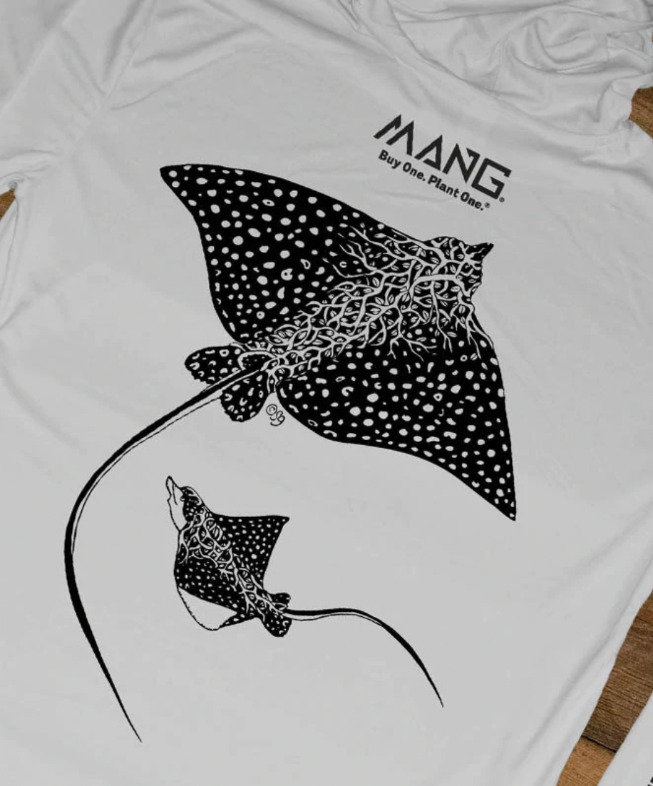 MANG Eagle Ray design on the back of a longsleeve performance hoodie