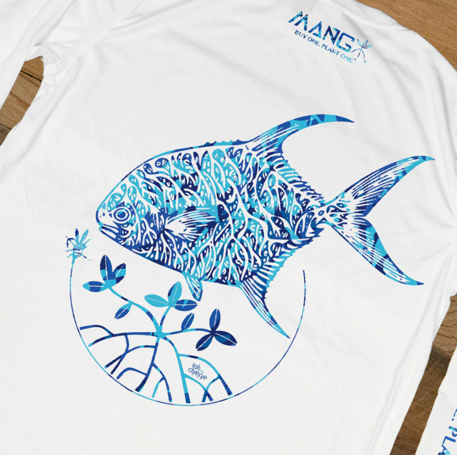 Permit and Mangrove design on the back of a white longsleeve performance shirt