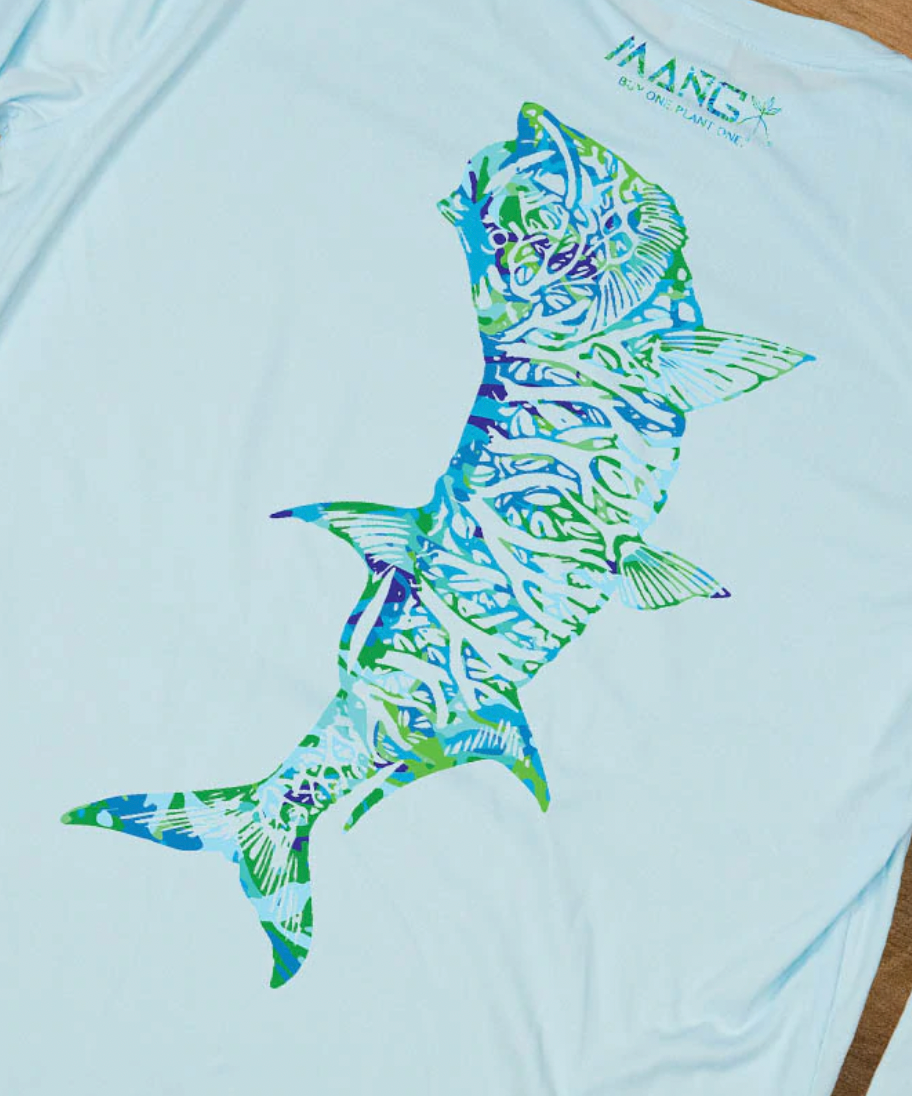 Tarpon design on the back of an arctic blue performance longsleeve shirt