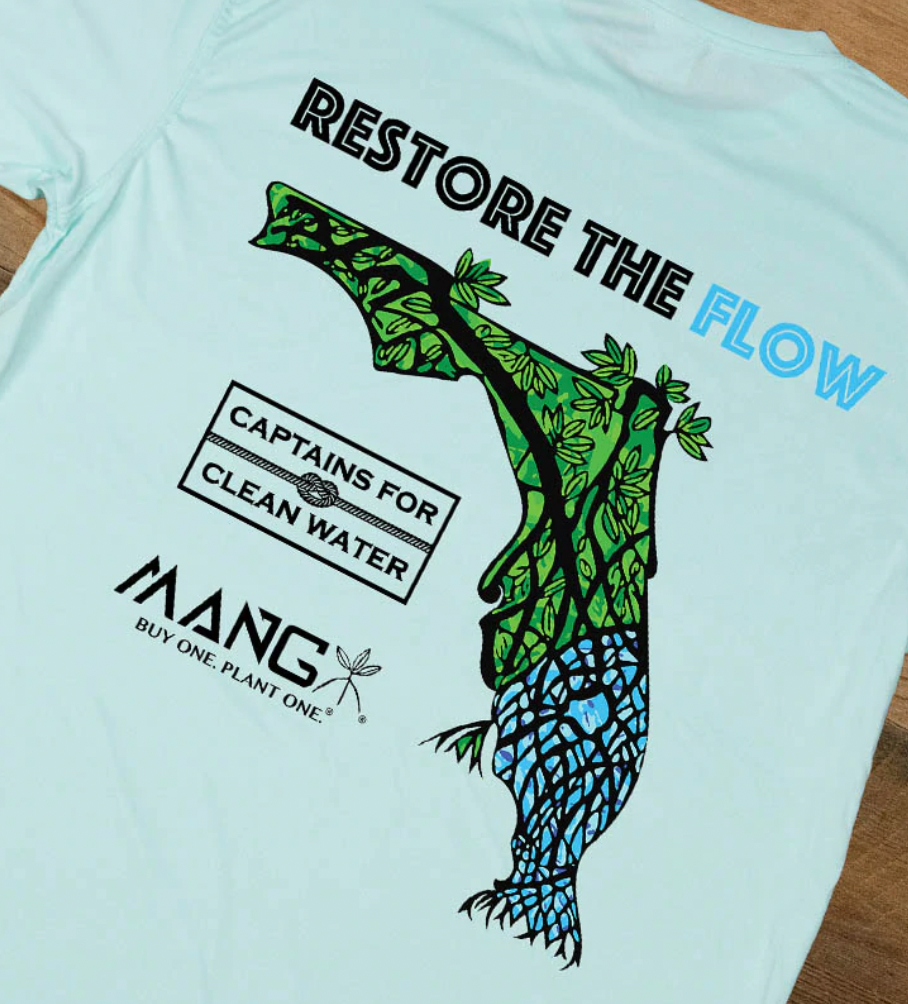 Restore the Flow design on the back of a arctic blue shortsleeve performance shirt