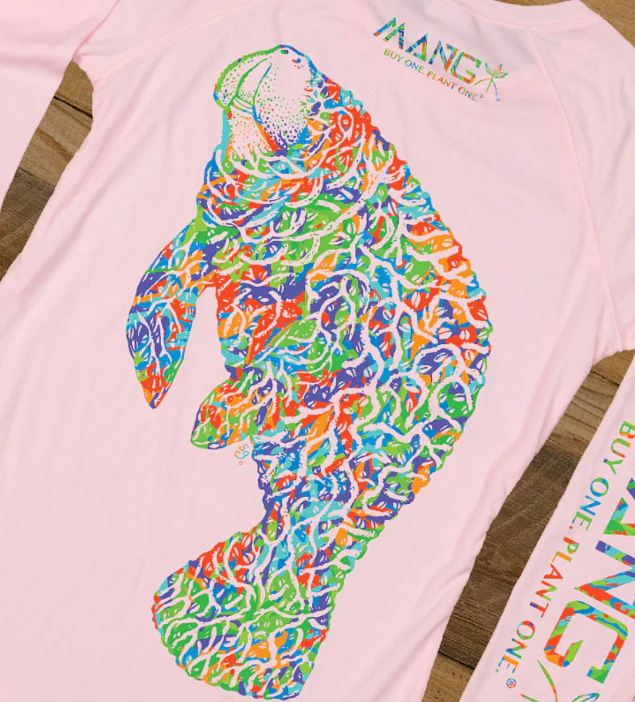 Colorful Mangatee design on the back of a pink women's longsleeve performance shirt