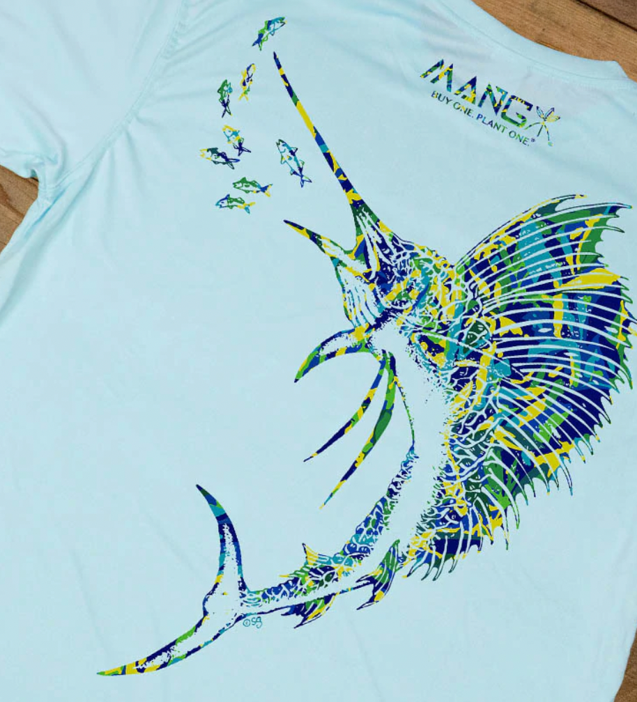 sailfish blue crush design on the back of an arctic blue performance longsleeve shirt