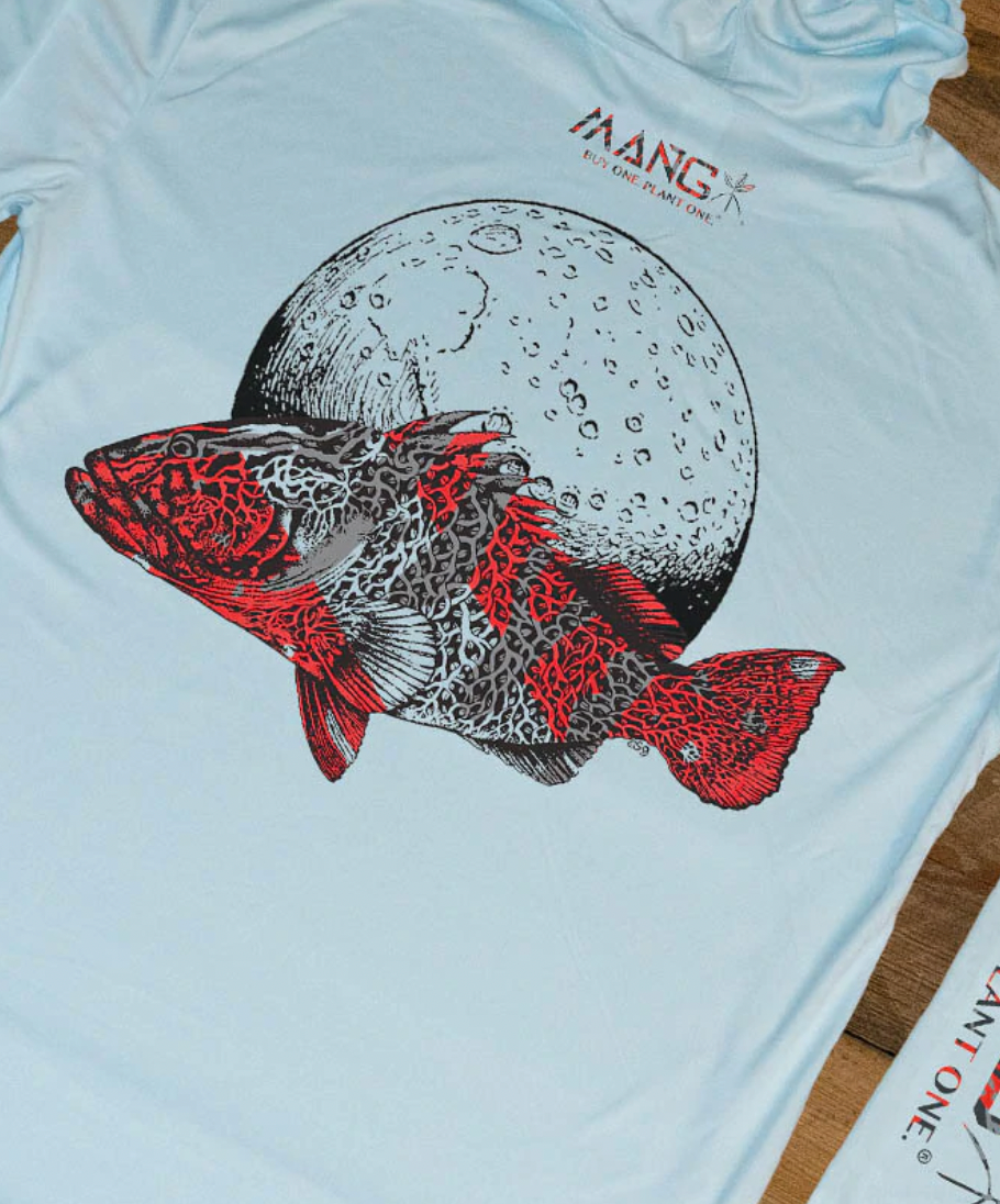 Grouper moon design on the back of an arctic blue longsleeve performance hoodie